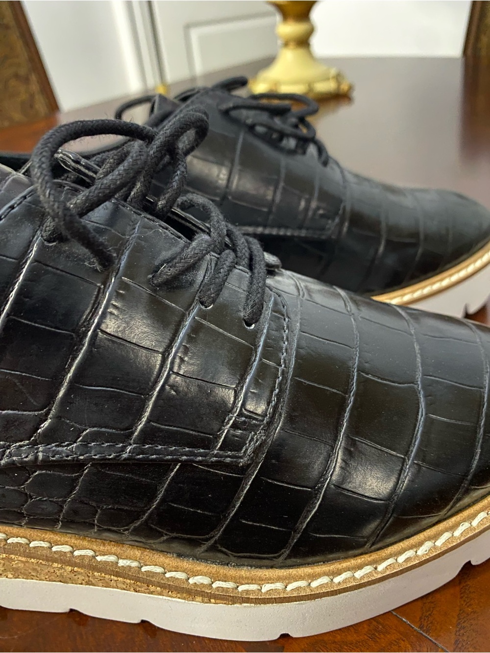 Steve Madden Black Croc-Embossed Lace-Up Platform Oxfords with White Sole - Picture 11 of 15